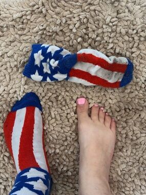 Very worn: American flag socks ( semi fuzzy) ( worn for 4 days )